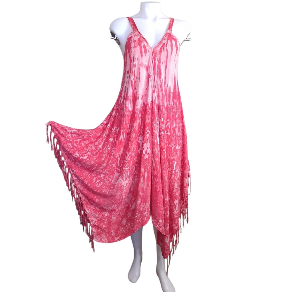 India Boutique Women's Maxi Dress Coral Fringe Sleeveless Boho Beach‎ Free Size